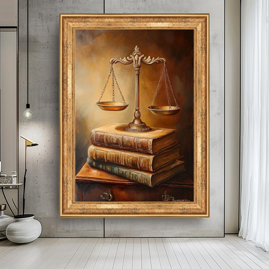 Golden Scales of Justice on Law Books Classical Oil Art Print