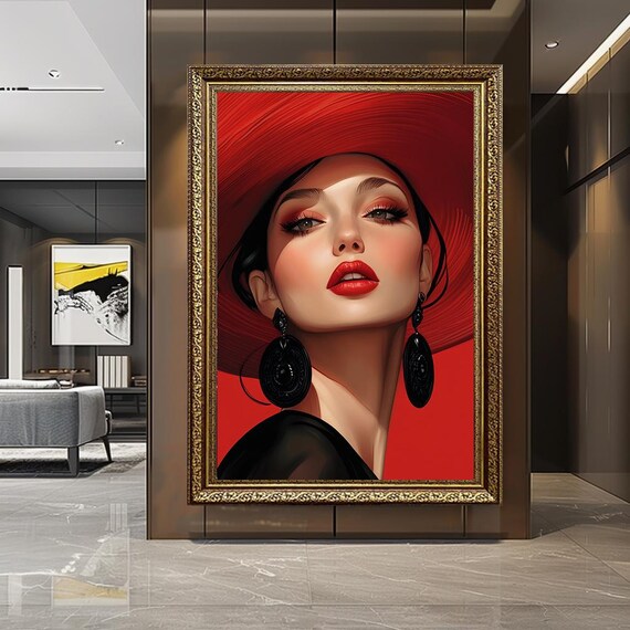 Red Hat Woman Portrait Canvas Glamorous Fashion Illustration Wall Art