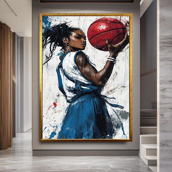Empowering Basketball Player Canvas Art Blue Red Sports Portrait
