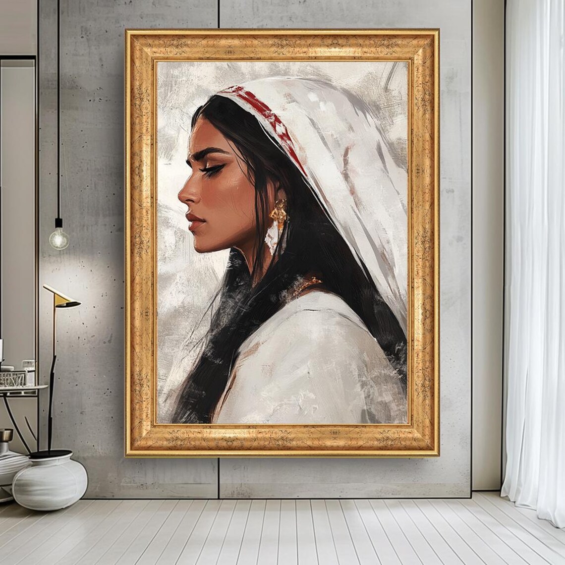 Minimalist Ethnic Woman Canvas Art Boho Veil Portrait