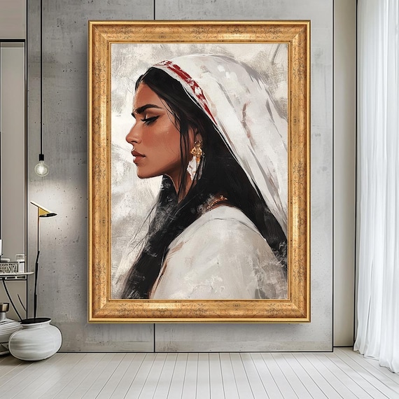 Minimalist Ethnic Woman Canvas Art Boho Veil Portrait
