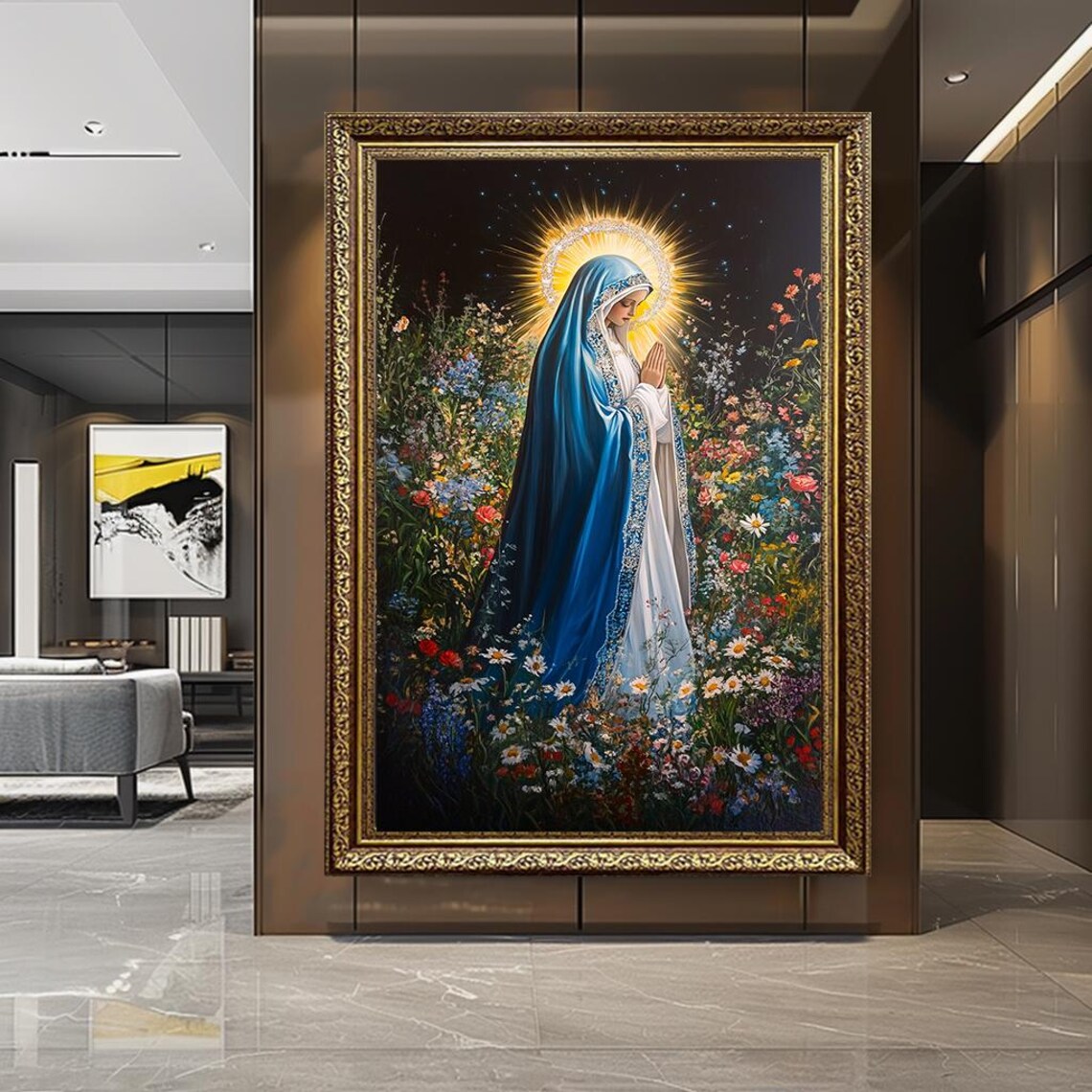 Virgin Mary Blue Cloak Night Prayer Among Flowers Religious Art Poster