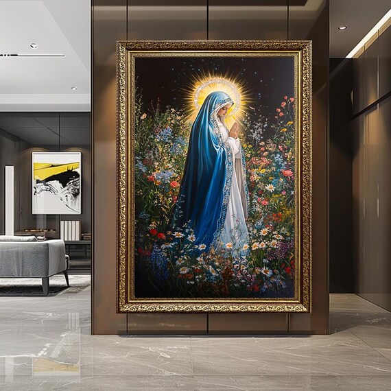 Virgin Mary Blue Cloak Night Prayer Among Flowers Religious Art Poster