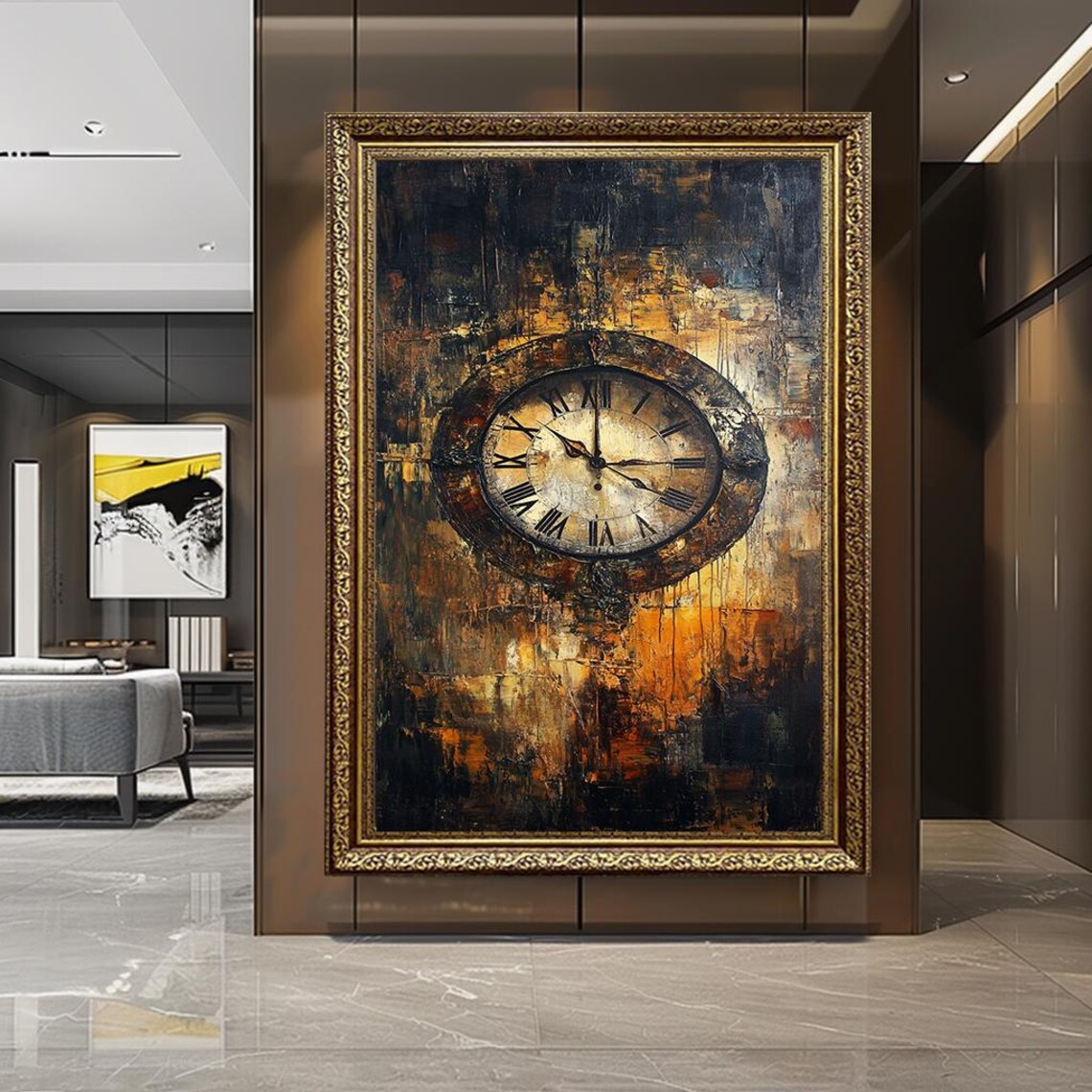Vintage Roman Numeral Clock Moody Amber Steampunk Style Canvas Poster