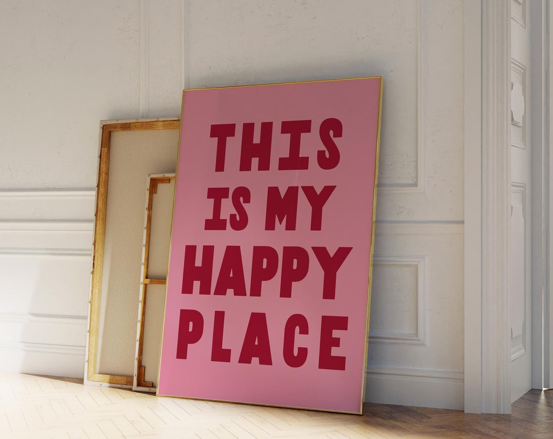This Is My Happy Place Red Typography Blush Pink Dorm Room Poster