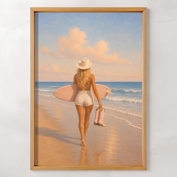 Coastal Cowgirl Surfer Beach Sunset Surfboard Retro Travel Poster