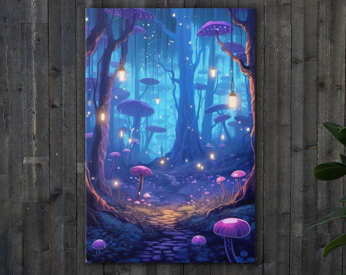 Glowing Mushroom Forest Night Lanterns Whimsical Lofi Bedroom Wall Art - Image 3