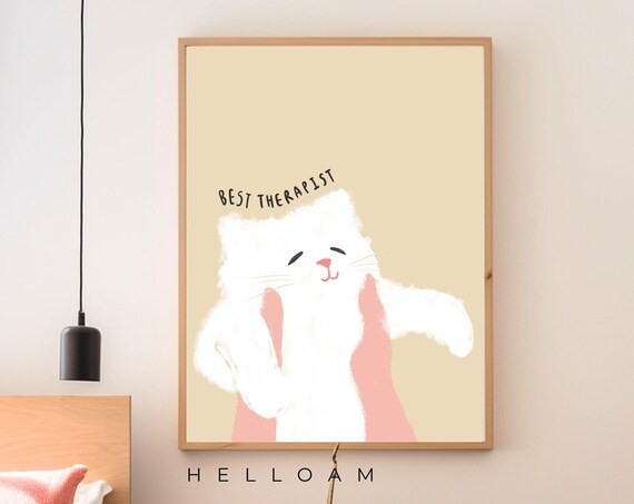 Best Therapist Funny White Cat Held in Hands Dark Navy Therapy Wall Art
