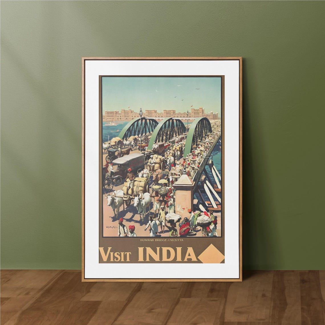 Howrah Bridge Calcutta Visit India Vintage Retro Travel Poster Art