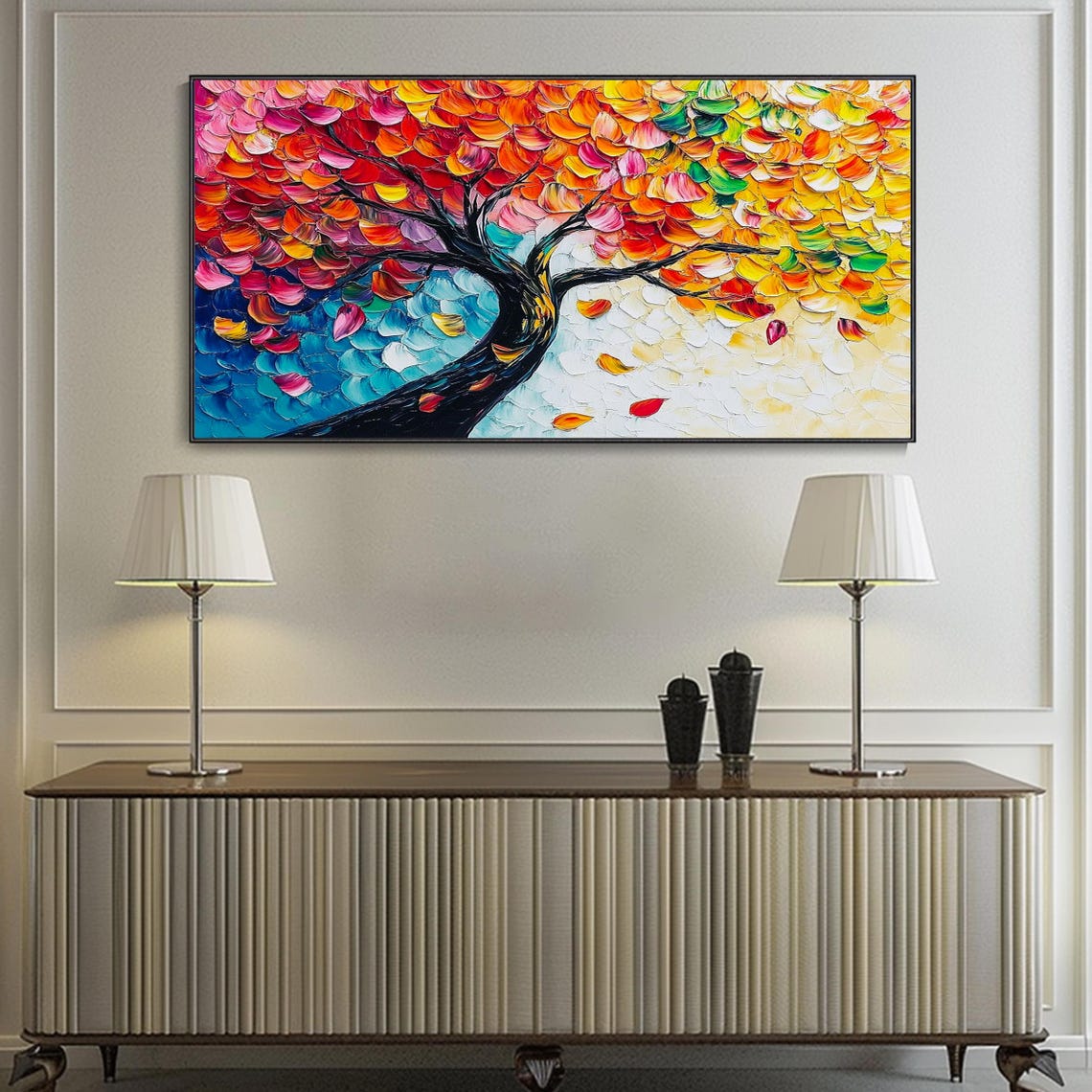 Rainbow Colorful Tree Black Trunk Palette Knife Art Painting Poster - Image 2