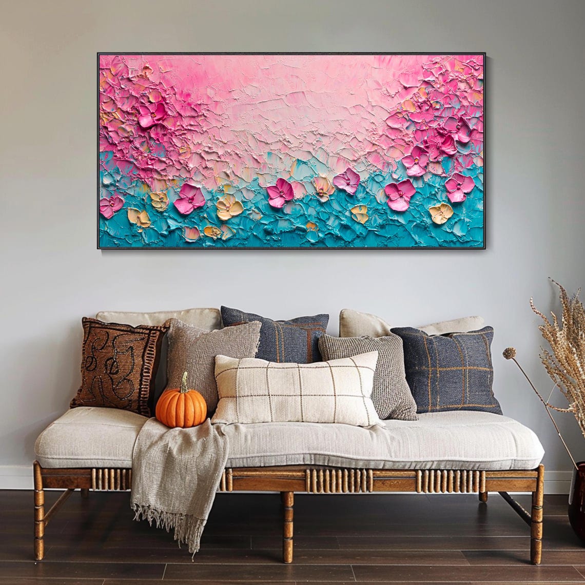 Pink Floral Abstract On Teal Heavy Impasto Flower Painting Poster - Image 2
