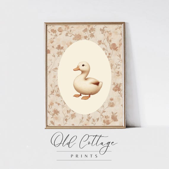 Cute Duckling Nursery Art Print Oval Floral Frame Cozy Baby Room Decor Vintage Inspired Duck Illustration For Nursery Art