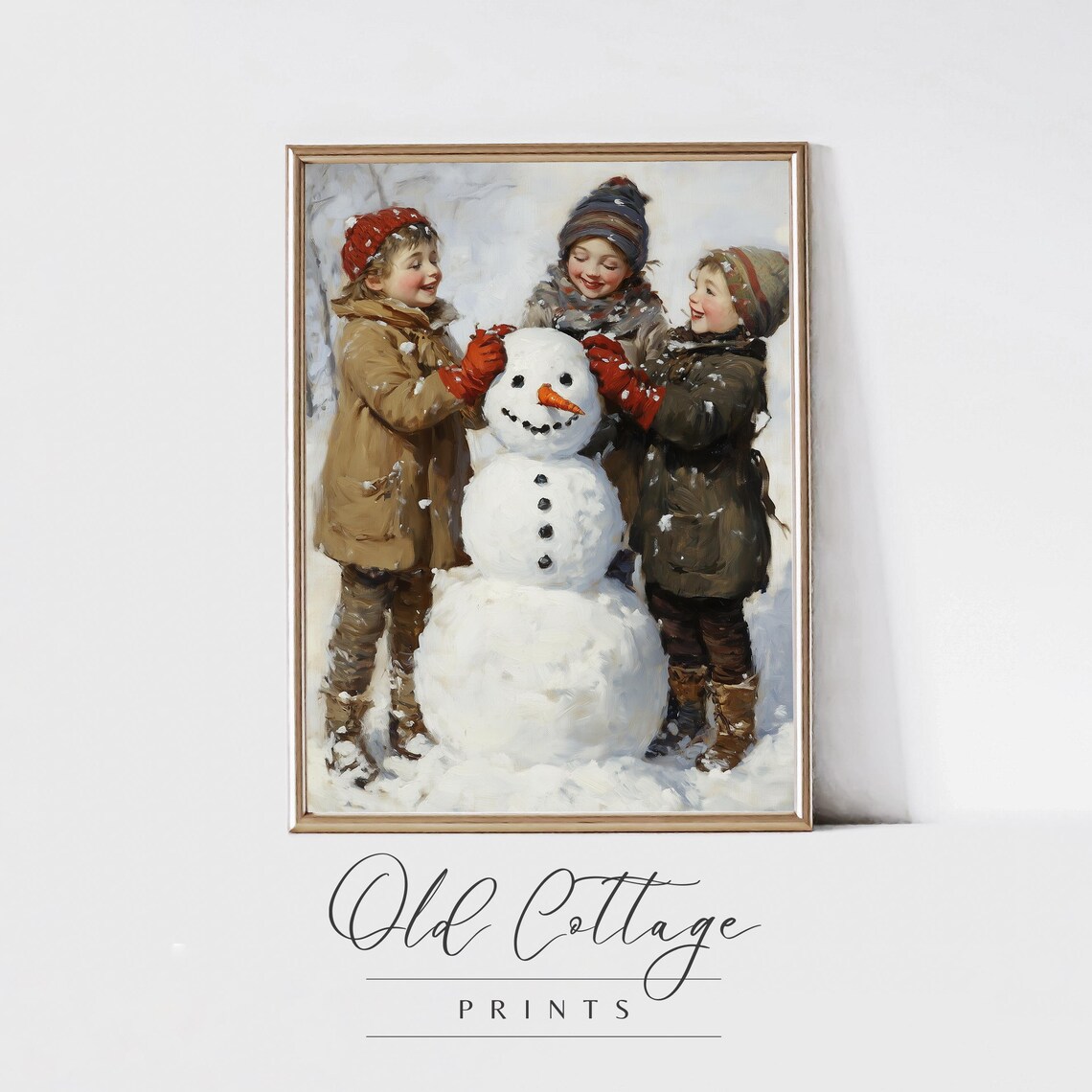 Children Building Snowman Together Winter Scene Vintage Painting Poster