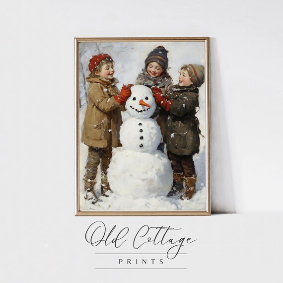 Children Building Snowman Together Winter Scene Vintage Painting Poster
