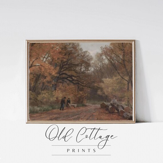 Autumn Forest Road with Woodcutters Vintage Fall Painting Print