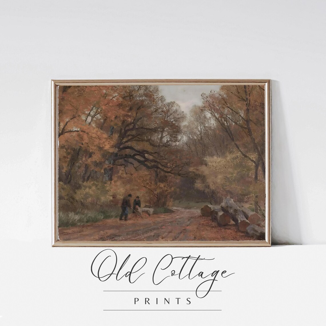 Autumn Forest Road with Woodcutters Vintage Fall Painting Print