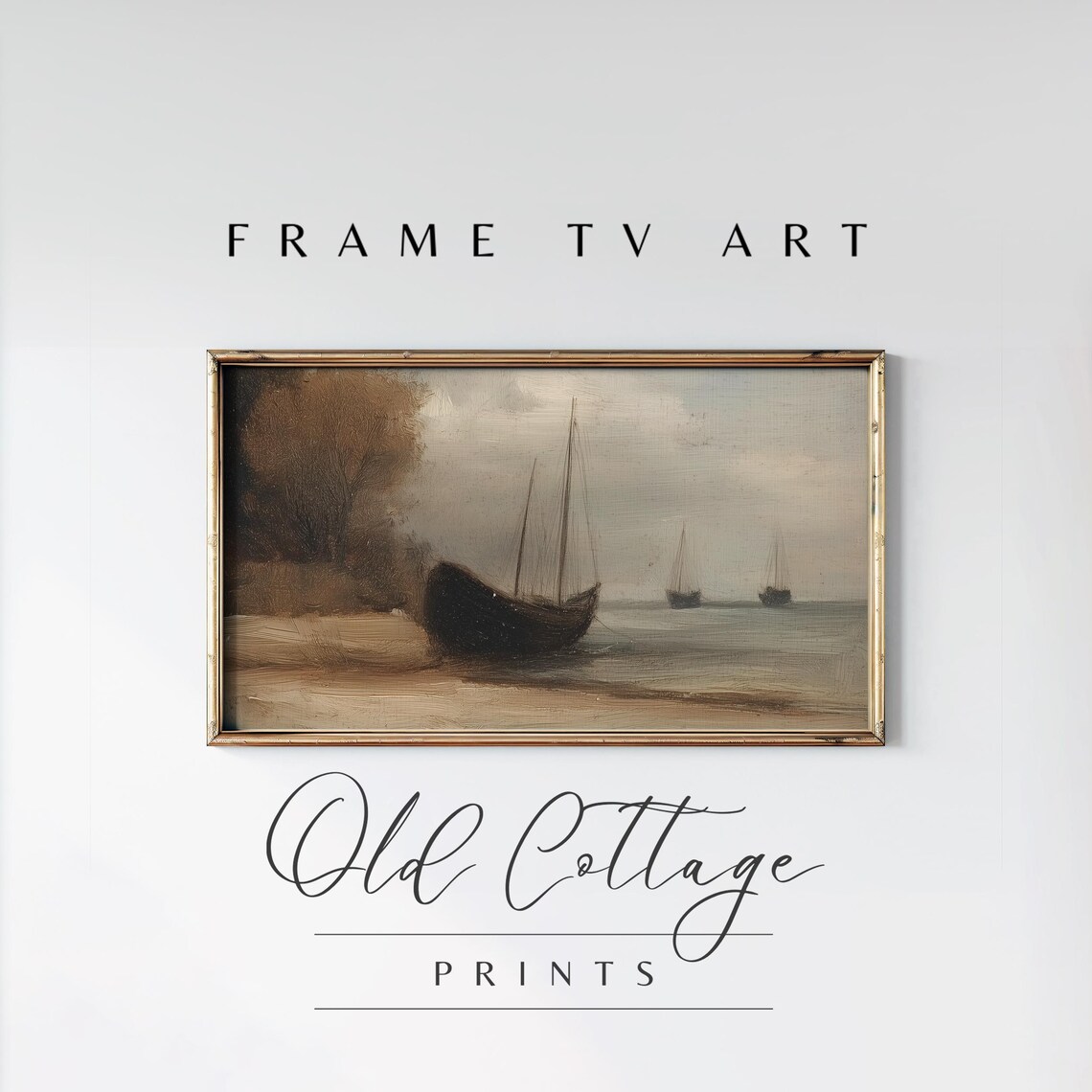 Moody Seascape Sailboats Shore Vintage Maritime Oil Painting Poster