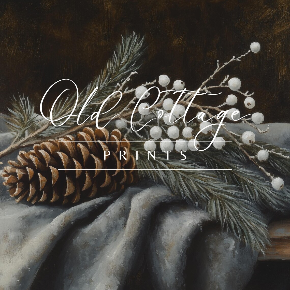 Pine Cone and Evergreen Still Life with White Berries Winter Poster - Image 4