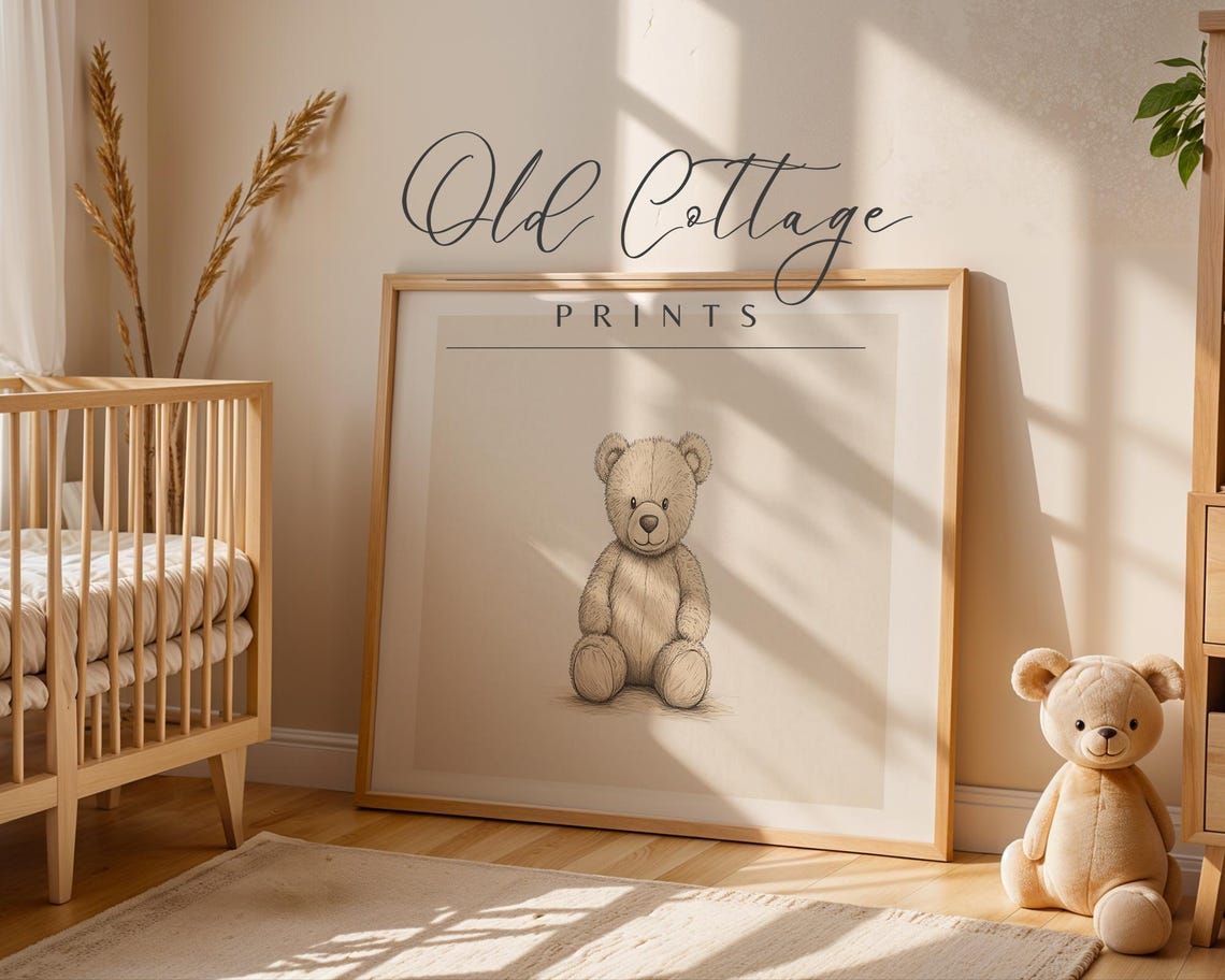 Hand Drawn Teddy Bear Soft Neutral Nursery Sketch Illustration Poster - Image 3