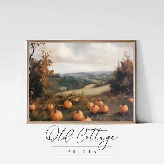 Pumpkins in Meadow Overlooking Valley Autumn Vintage Art Poster