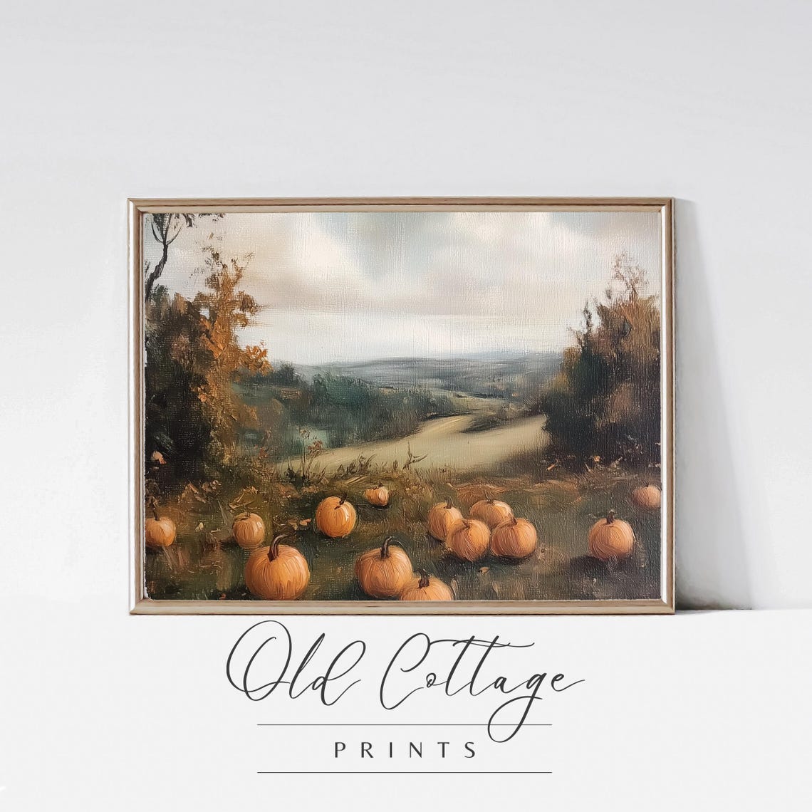 Pumpkins in Meadow Overlooking Valley Autumn Vintage Art Poster