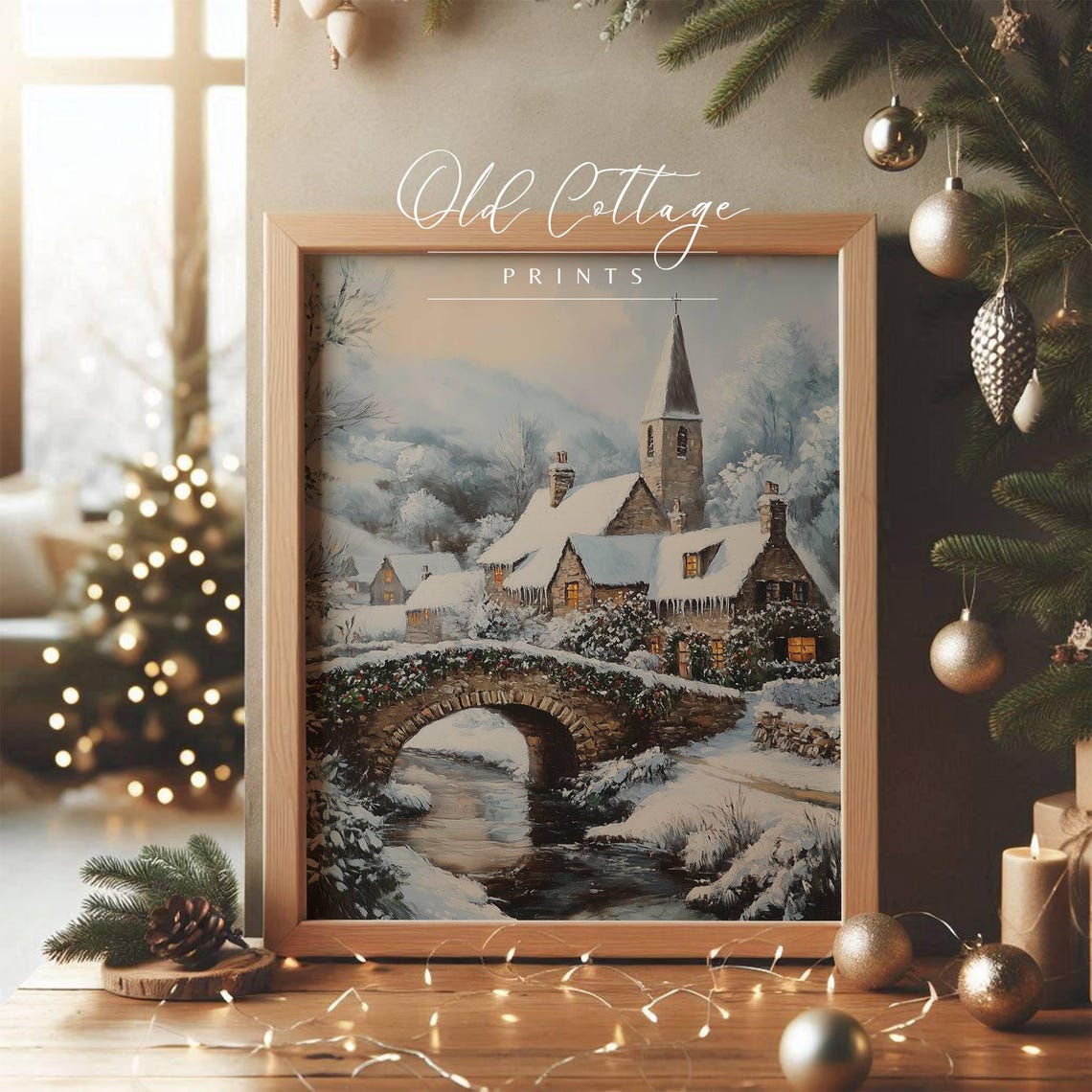 Snowy Village Church And Stone Bridge In A Cozy Winter Scene Poster - Image 3