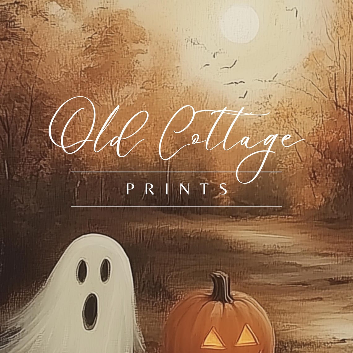 Ghosts and Jack O Lanterns on Autumn Path Vintage Halloween Print - Image 2
