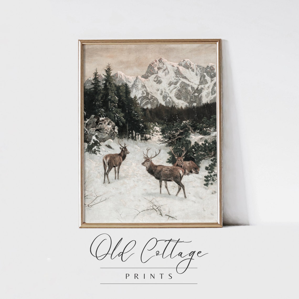 Deer in Snowy Mountain Valley Dramatic Vintage Wildlife Art Poster