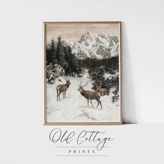 Deer in Snowy Mountain Valley Dramatic Vintage Wildlife Art Poster