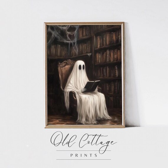 Ghostly Reader, Spooky Library Scene Art Print