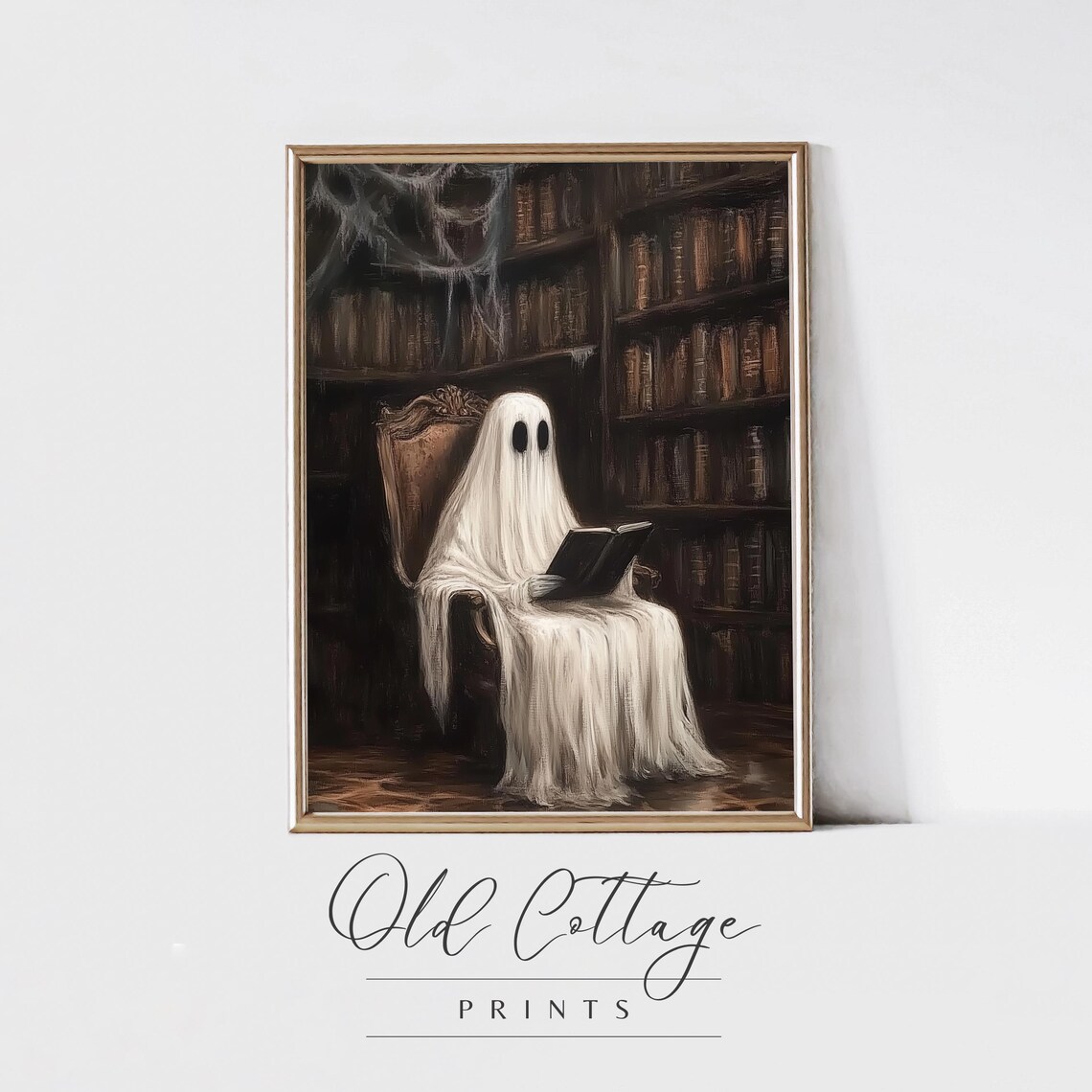 Ghostly Reader, Spooky Library Scene Art Print