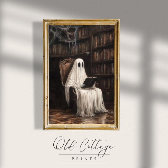 Ghost Reading In Haunted Library Spooky Cute Halloween Poster