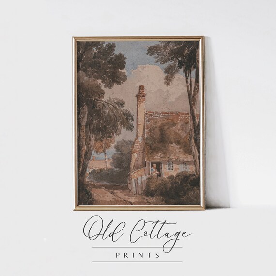 Cottage with Tall Chimney Vintage Watercolor Country Art Poster