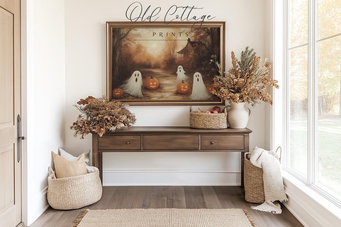 Ghosts and Jack O Lanterns on Autumn Path Vintage Halloween Print - Image 3