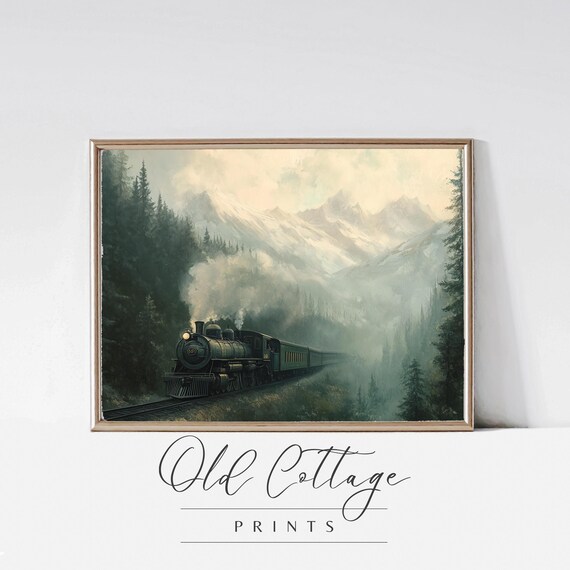 Steam Train Through Misty Mountains Vintage Locomotive Painting Poster
