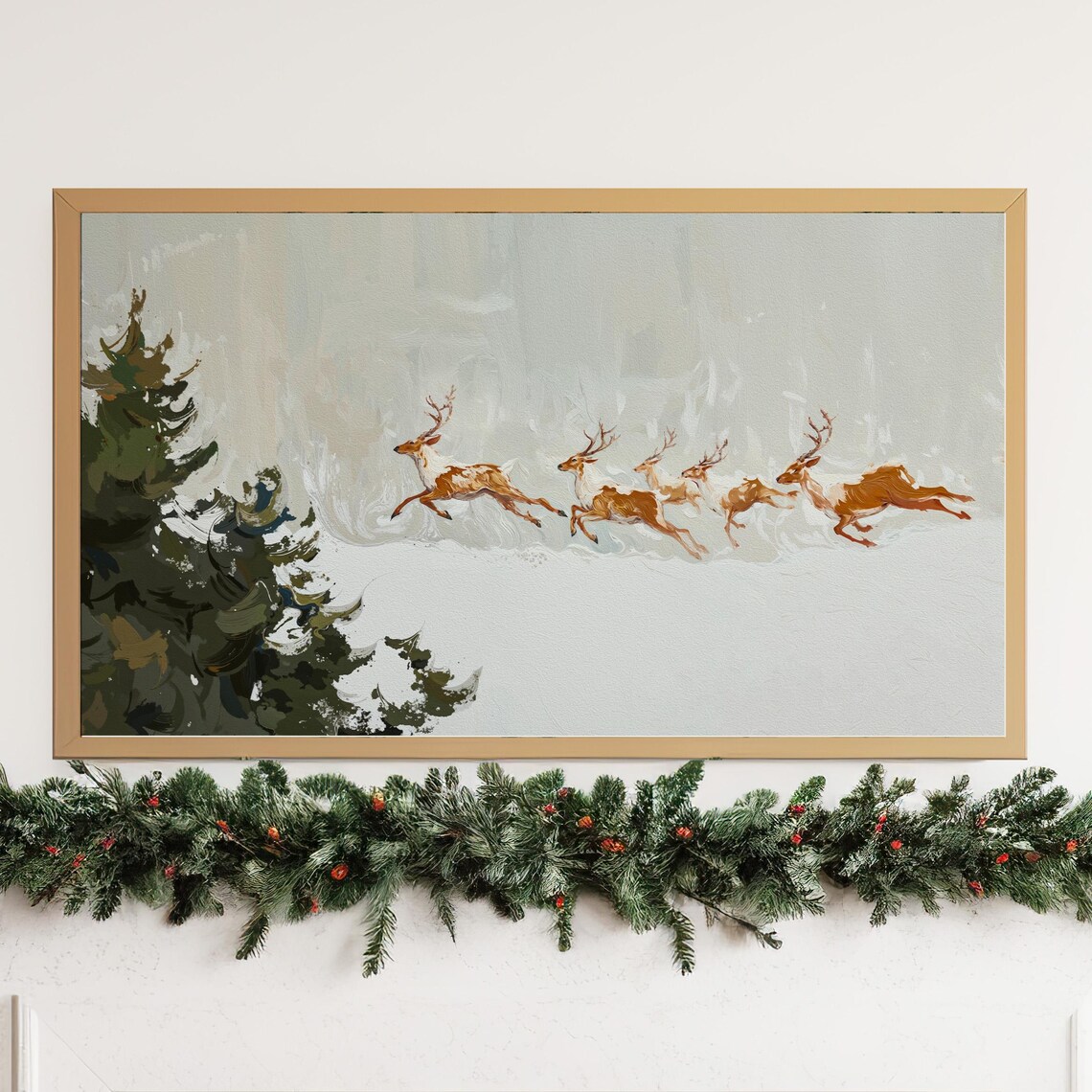 Reindeer Herd Leaping Over Snowy Winter Scene Painted Motion Poster - Image 3