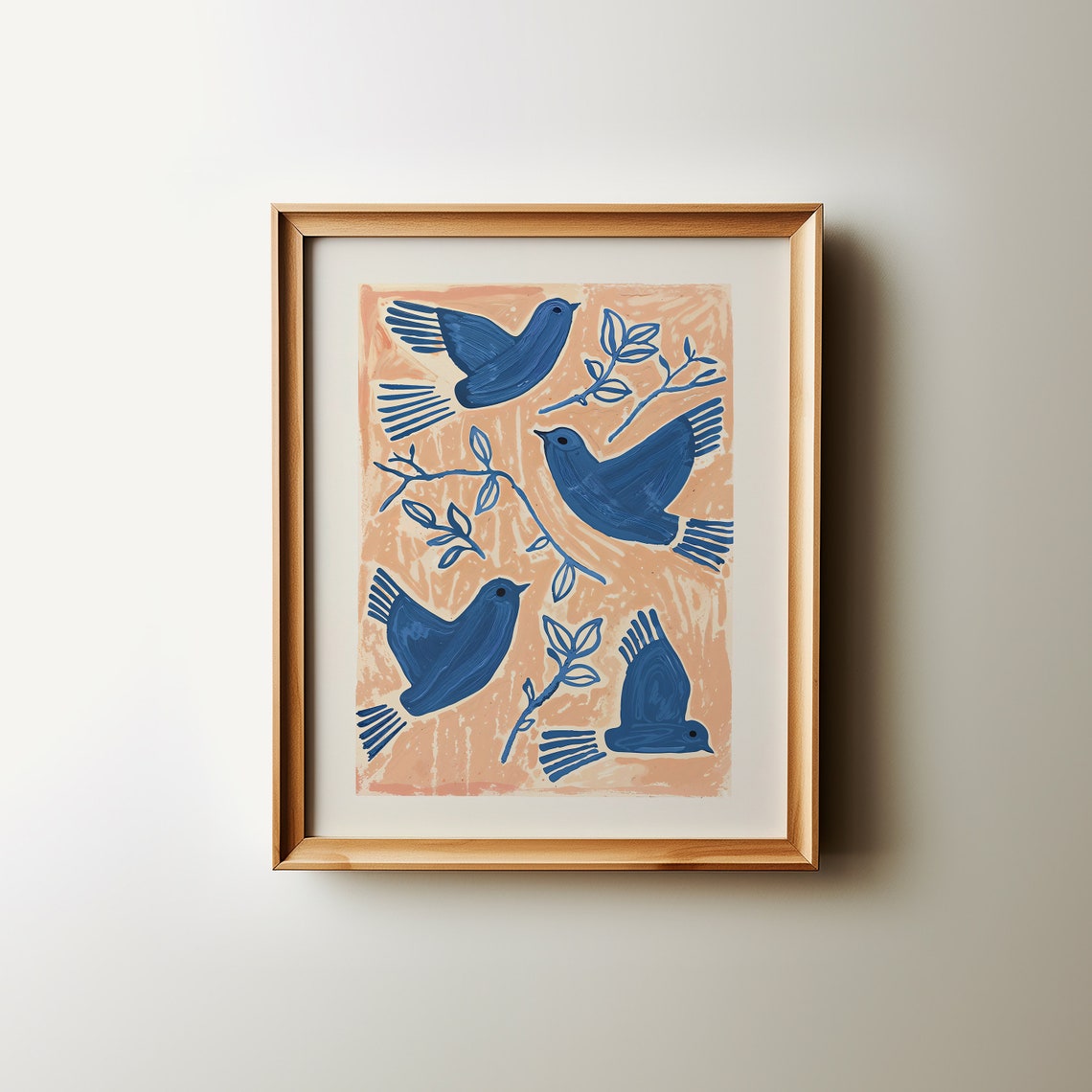 Blue Birds Folk Illustration Peach Background Modern Bird Art Poster