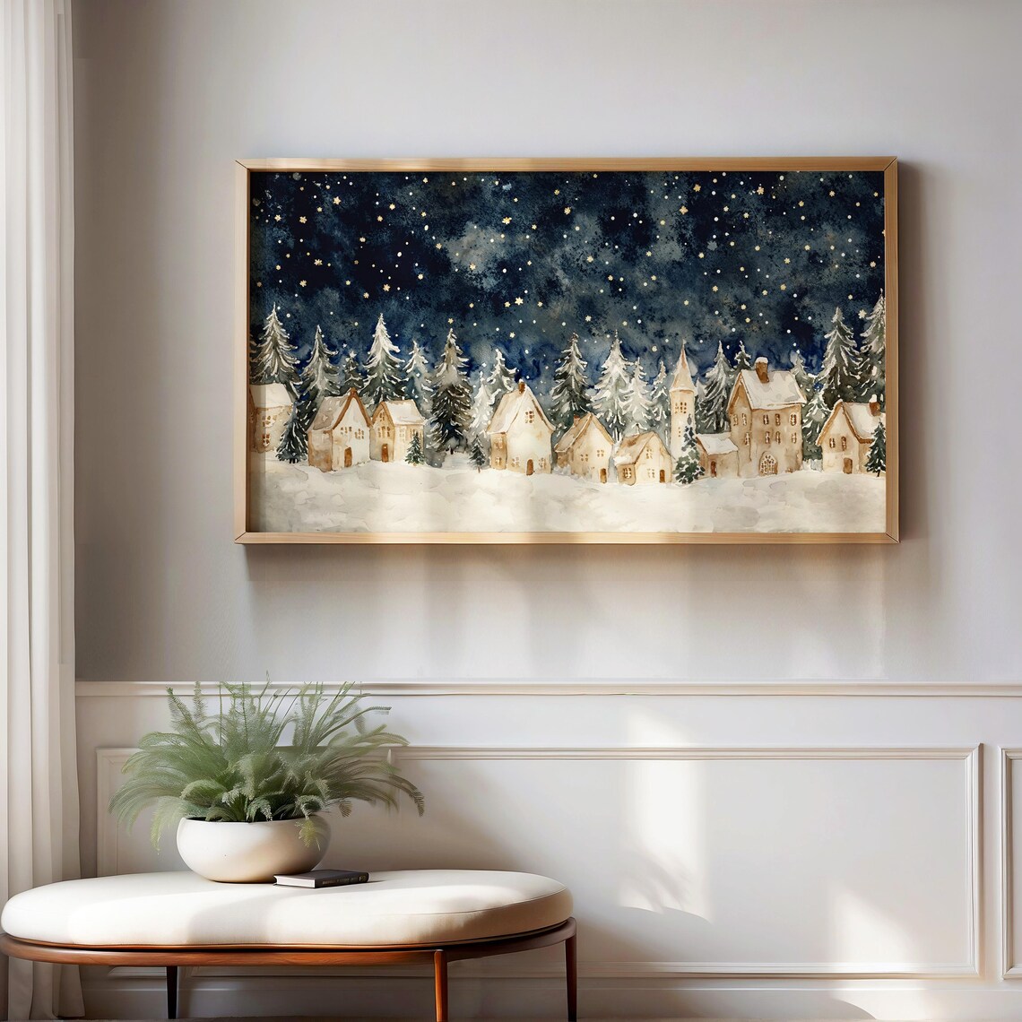 Snowy Christmas Village Watercolor Night Scene Holiday Poster - Image 2