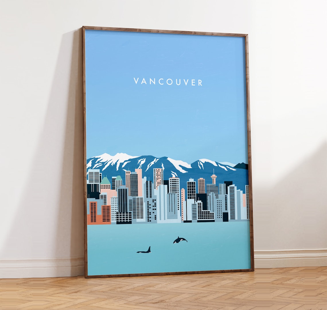 Vancouver Skyline Poster, Mountain Cityscape Art Print
