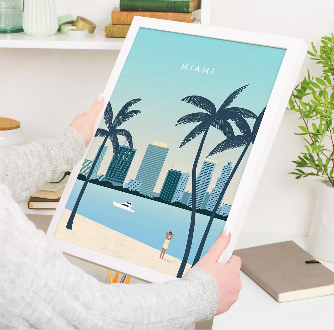 Miami Florida Skyline Beach Palm Trees Yacht Sunset Travel Poster - Image 4