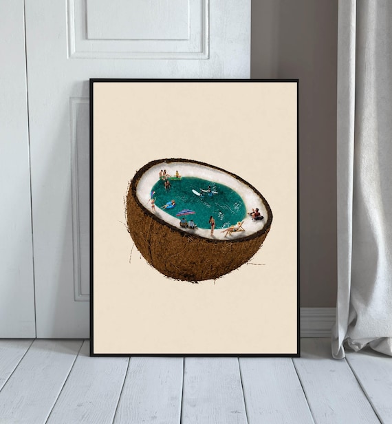 Coconut Swimming Pool Wall Art Print Surreal Beach Tropical Decor Coastal Artwork Summer Poster