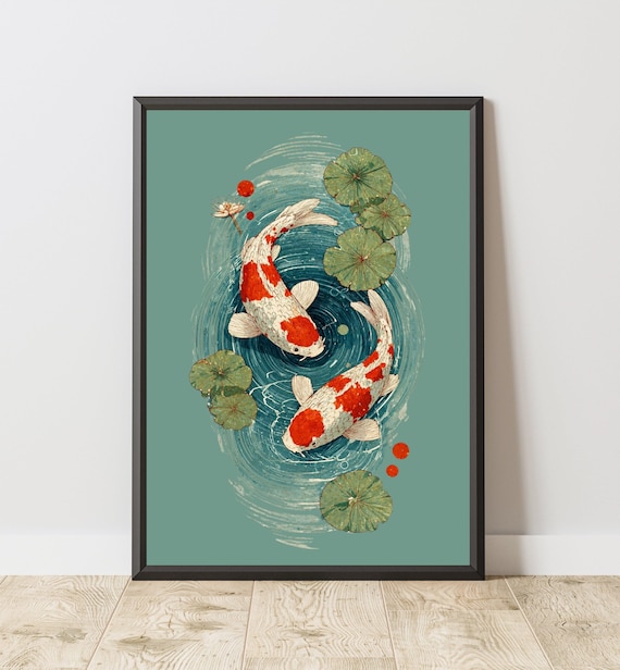 Minimalist Koi Fish Wall Art Printable Pond Japanese Decor Zen Water Lily Poster Feng Shui Asian Inspired Print