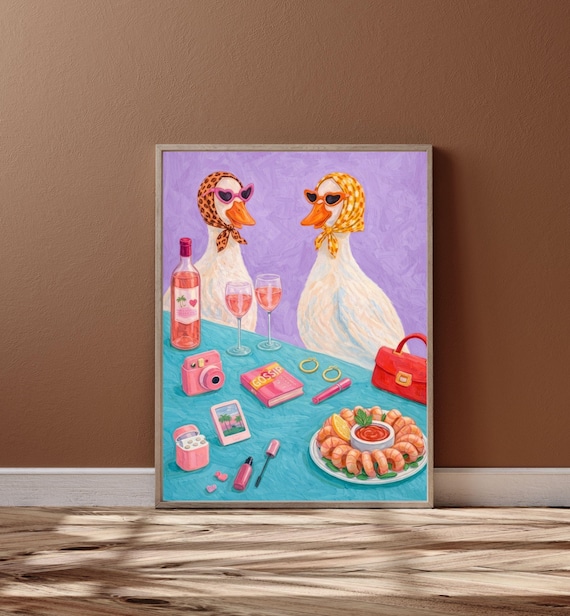 Quirky Duck Art Print Ducks Drinking Wine Poster Retro Maximalist Funny Kitchen
