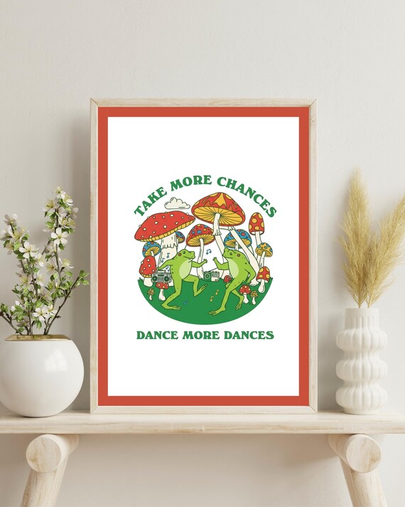 Retro Dancing Frogs Print 70s Mushroom Decor