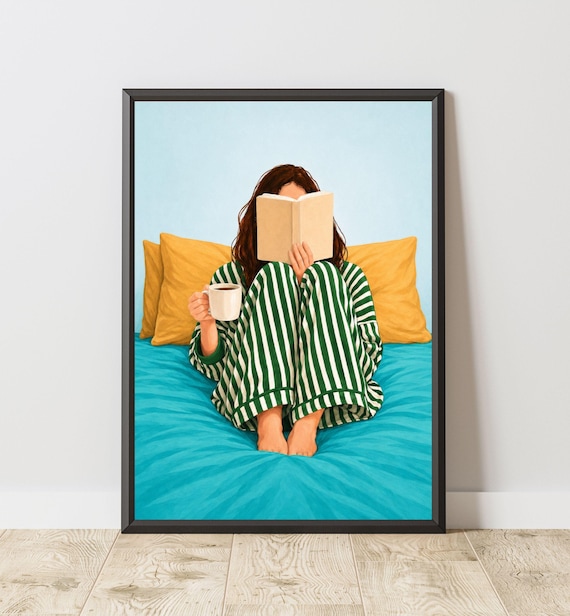 Cozy Girl Reading Book In Bed With Coffee Printable Wall Art Lover Poster Minimalist Literary Aesthetic