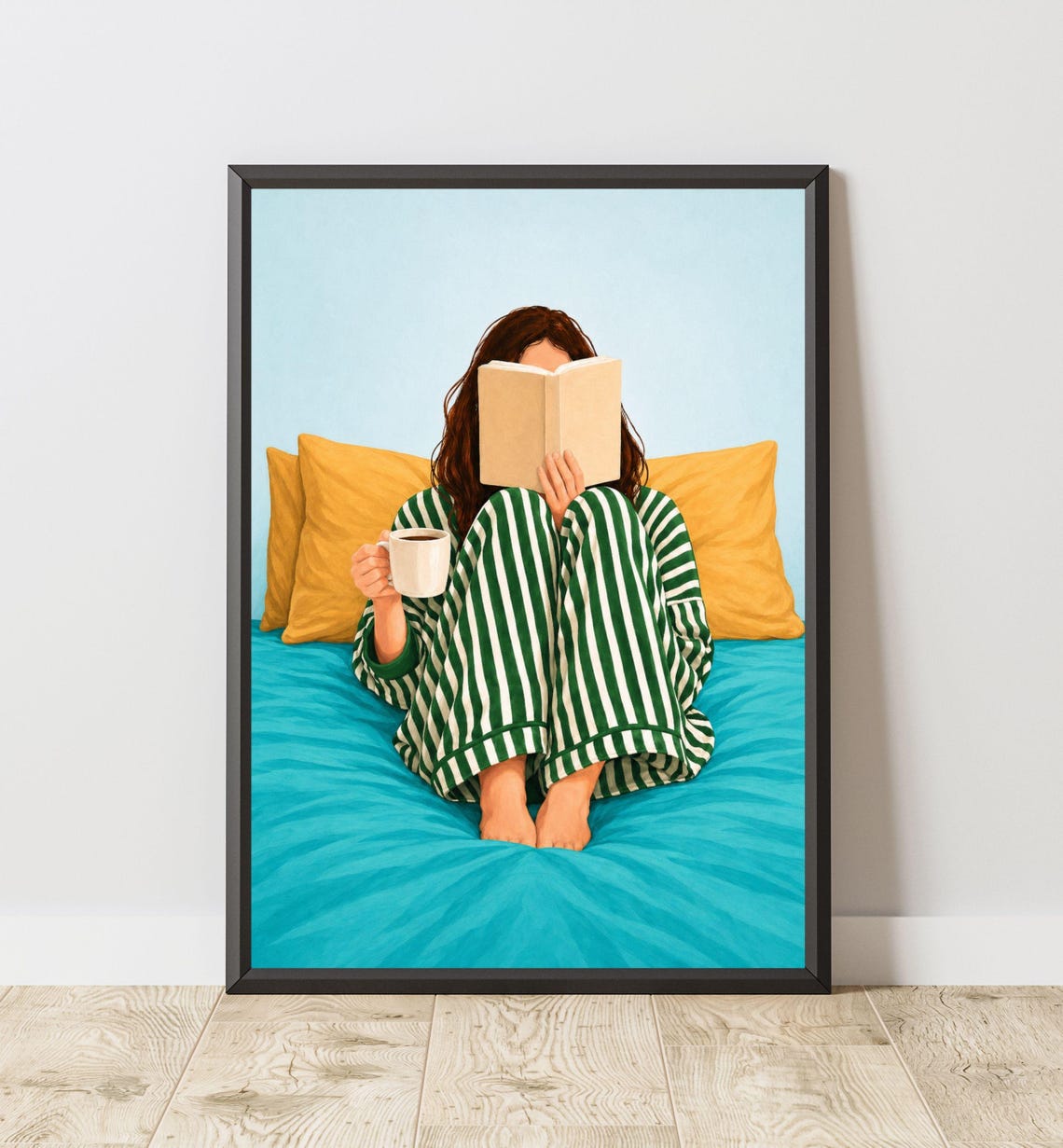 Cozy Girl Reading In Bed With Coffee Striped Pajamas Book Lover Poster