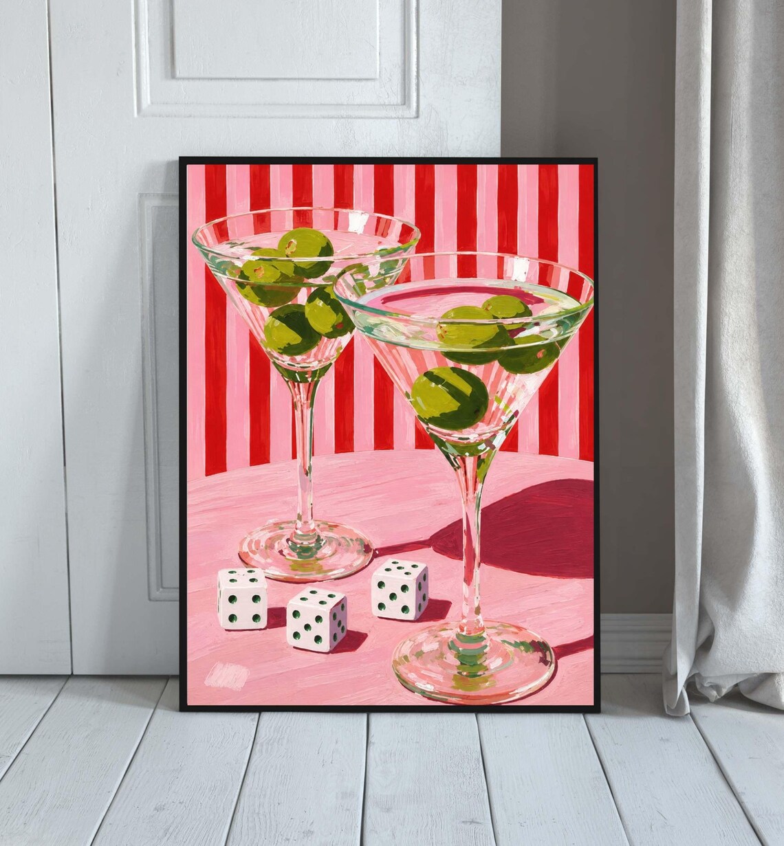 Pink Striped Martini Cocktail Olive Glasses Dice Retro Bar Decor Poster