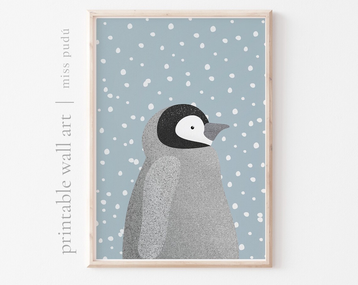 Baby Penguin Snow Illustration, Modern Nursery Art Print