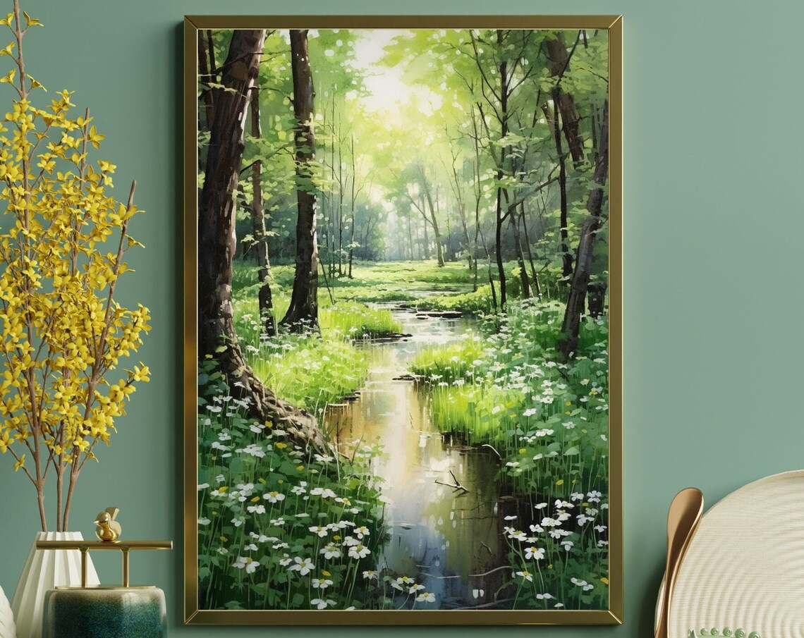 Sunlit Forest Watercolor Art Print, Nature Scene