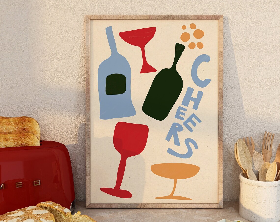 Cheers Abstract Wine Bottles Glasses Colorful Bar Cart Poster - Image 3